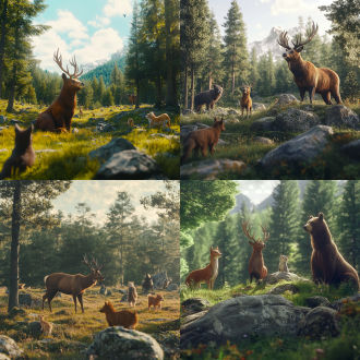 草地，树林，石头，动物一只梅花鹿，一只棕熊，一只狗，一只猫，画面色调统一，广角镜头，高清4k