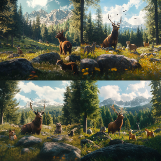 草地，树林，石头，动物一只梅花鹿，一只棕熊，一只狗，一只猫，画面色调统一，广角镜头，高清4k