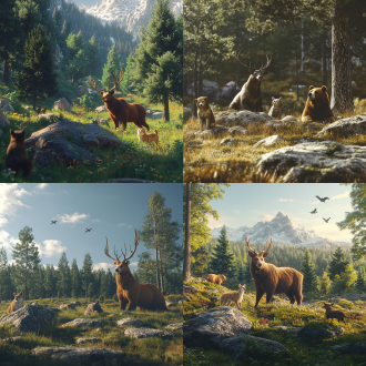 草地，树林，石头，动物一只梅花鹿，一只棕熊，一只狗，一只猫，画面色调统一，广角镜头，高清4k