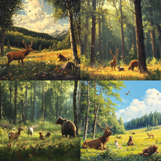 草地，树林，动物一只梅花鹿，一只棕熊，一只狗，一只猫，画面色调统一，高清像素3000x3000