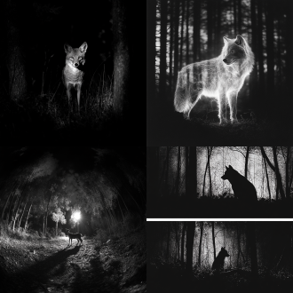 森林夜晚动物黑白影像，广角镜头下全景，动物轮廓清晰真实高清，冷色调，暗光，静谧，静止，神秘。