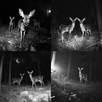 森林，夜晚鹿动物黑白，广角镜头，真实高清