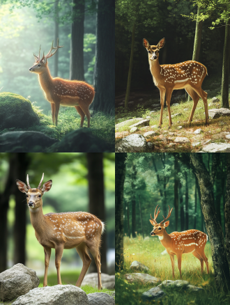 绿色森林，一只成年梅花鹿在草地上，有点石头，粗壮的树木，长焦镜头，高清真实场景，色调统一，暖色调