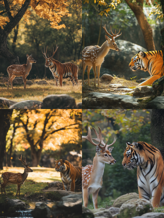 成年梅花鹿和老虎在草地上，周围有树木石头，长焦镜头拍摄，暖色调统一，高清，宽广场景，侧光，平静。