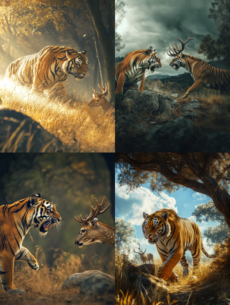 老虎捕鹿于草地，树木粗壮有石，长焦镜头，暖色调，宽广场景，高清画质，色调统一，扑击，紧张。