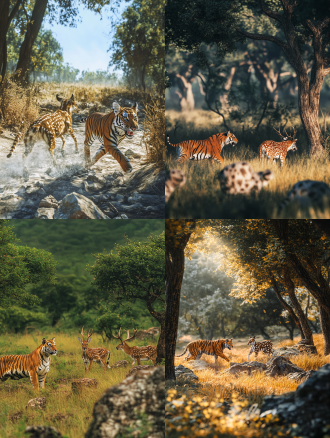 老虎追捕梅花鹿，宽广草地全景，粗壮树木石头，长焦镜头，高清，暖色调统一，动态，紧张，真实感。