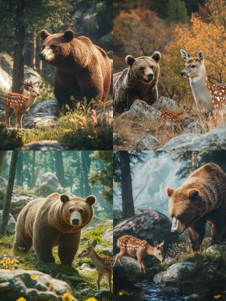 棕熊与梅花鹿在草地树林间，石头旁，画面色调统一，广角镜头下的高清4k画面，侧光，安静，和谐，自然元素。