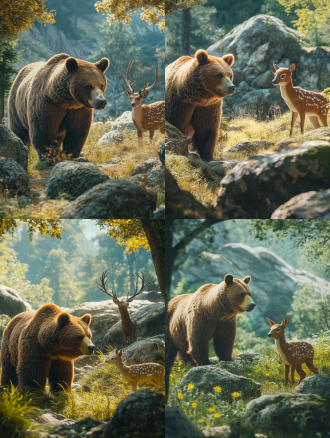 棕熊与梅花鹿在草地树林间，石头旁，画面色调统一，广角镜头下的高清4k画面，侧光，安静，和谐，自然元素。