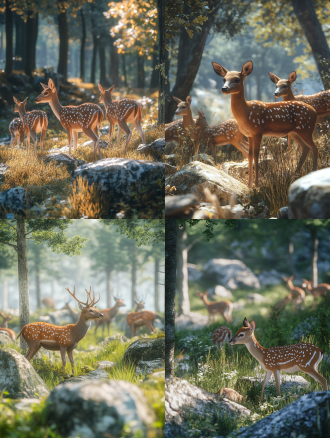 多头梅花鹿在草地树林间，石头旁，大景深，画面统一色调，广角镜头下的高清4k影像，柔光与侧光，真实高清，平静。