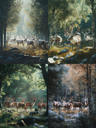 多头成年麋鹿在森林草地，有树林和小石头，画面色调统一，广角镜头4k高清，侧光柔光，站立，宁静。