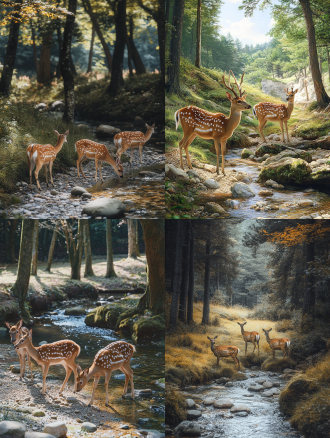 三头成年梅花鹿在森林草地小溪边，周围有树林小石头，画面色调统一，广角镜头下的高清4k场景，柔光暖色调，宁静。