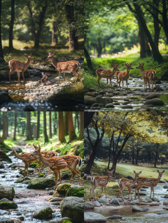 三头成年梅花鹿在森林草地小溪边，周围有树林小石头，画面色调统一，广角镜头下的高清4k场景，柔光暖色调，宁静。