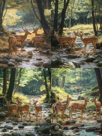 三头成年梅花鹿在森林草地小溪边，周围有树林小石头，画面色调统一，广角镜头下的高清4k场景，柔光暖色调，宁静。