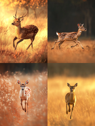 一只成年梅花鹿在草地上奔跑，暖色调，画面色调统一，广角镜头下的高清4k场景，柔光暖色调，宁静。