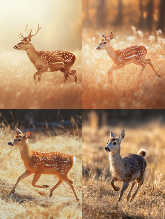 一只成年梅花鹿在草地上奔跑，暖色调，画面色调统一，广角镜头下的高清4k场景，柔光暖色调，宁静。