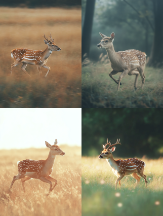 一只成年梅花鹿在草地上奔跑，全画幅，画面色调统一，广角镜头下的高清4k场景，柔光暖色调，宁静。
