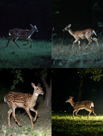夜晚一只成年梅花鹿在草地上奔跑，全画幅，画面色调统一，广角镜头下的高清4k真实场景，宁静。