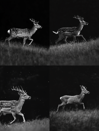 夜晚一只成年梅花鹿在草地上奔跑，黑白图片，全画幅，画面色调统一，广角镜头下的高清4k真实场景，宁静。