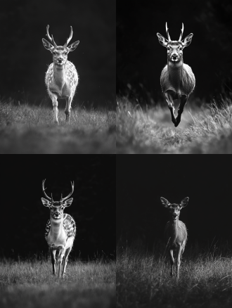 夜晚一只成年梅花鹿在草地上奔跑，面向镜头，黑白图片，全画幅，画面色调统一，广角镜头下的高清4k真实场景，宁静。
