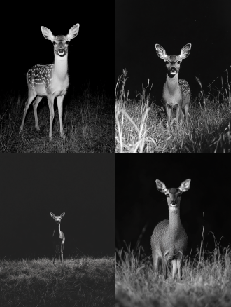 夜晚一只成年梅花鹿在远处草地上，面向镜头，黑白图片，全画幅，画面色调统一，广角镜头下的高清4k真实场景，宁静。