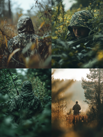 身穿迷彩服的人在狩猎，全画幅，广角镜头下高清4k场景，画面色调统一，远摄，柔和光线，宁静。