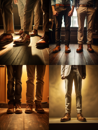 马丁靴穿上男子脚上，广角镜头，柔光暖色调