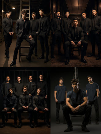 五名男子全身入镜，一人脚上穿着黑色马丁靴，广角镜头下，暖色调柔光，站姿随意，时尚风格，酷帅。