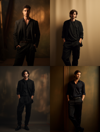 男子穿着黑色马丁靴全身照，广角镜头下，柔光暖色调环境，男子表情淡然，站姿放松。