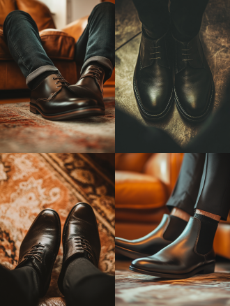 男子脚上黑色马丁靴特写，广角镜头，脚部占画面主体，柔光，暖色调，皮革质感，沉稳。