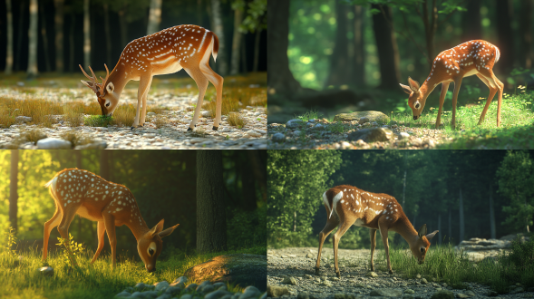 梅花鹿在草地吃草，森林小石头树木为背景，绿暖色调，毛发清晰，广角镜头，真实高清，c4d渲染，柔和侧光，平静。