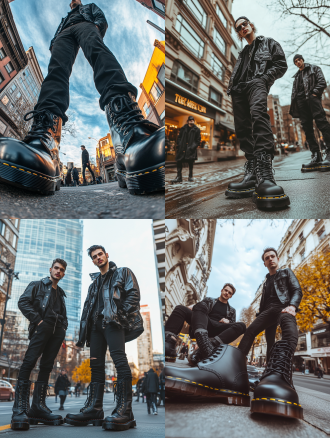 多名帅气高大男子穿着黑色马丁靴，在街头上，姿势随意，真实街头，全景构图，广角镜头，真实高清，暖色调，
