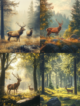 森林动物，在广阔的草地上，有森林，大树，草地，石头，出真实高清画面，全景构图，暖色色调，画面统一