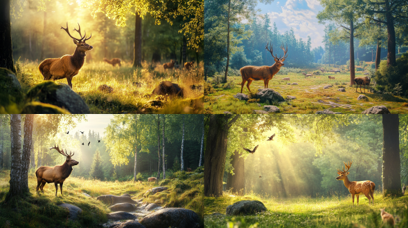 森林动物，在广阔的草地上，有森林，大树，草地，石头，出真实高清画面，全景构图，暖色色调，画面统一