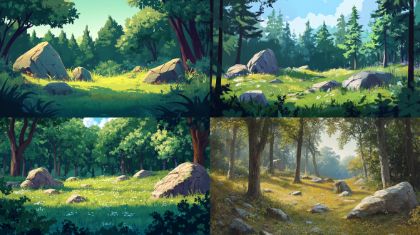 茂密的森林，草地，石头，全景构图，真实场景，暖色色调，色调一致