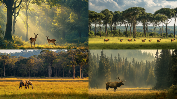 野生动物在草地上，野生动物靠前，后面是茂密的森林，大树，全景构图，出真实高清画面，全景构图，长焦镜头，暖色色调，顺光，画面统一