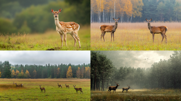 下雨天，野生动物鹿在草地上，有森林，全景构图，出真实高清画面，广角镜头，暖色色调，画面统一