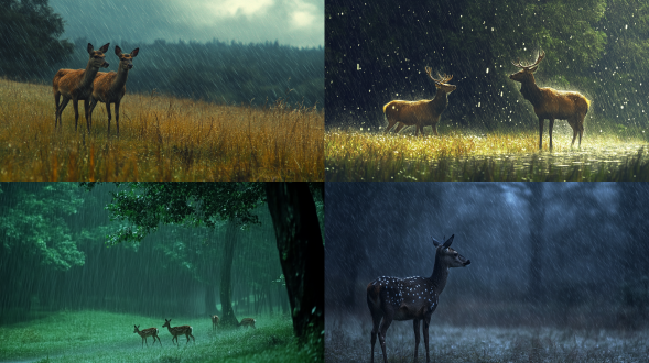 下雨天，野生动物鹿在草地上，在大雨中