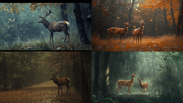 下雨天，野生动物鹿在森林里，在大雨中，真实，暖色调