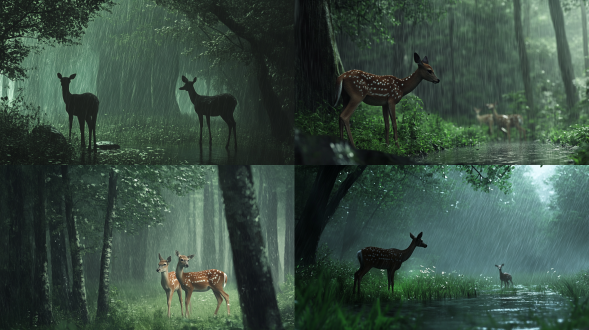 下雨天，野生动物鹿在森林里，在大雨中，真实，绿色，冷色调