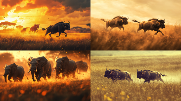 野生动物鹿草地上快速奔跑，暧色调，真实，