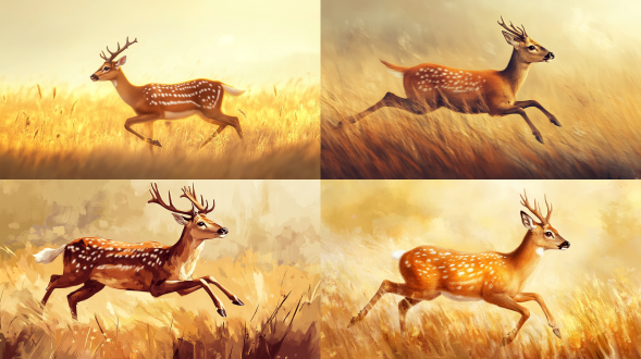 动物鹿在草地上快速奔跑，暧色调，真实，