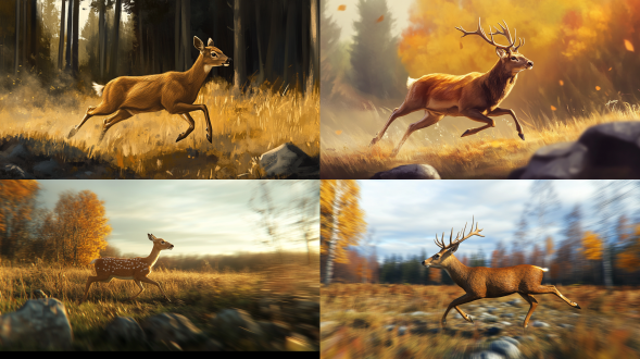 动物鹿在草地上快速奔跑，有森林，有石头，暧色调，真实，全景构图，