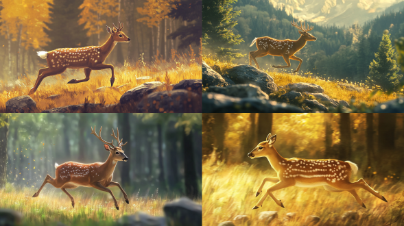 动物鹿在草地上快速奔跑，有森林，有石头，暧色调，真实，全景构图，