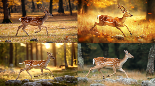 动物鹿在草地上奔跑，有森林，有石头，暧色调，真实，全景构图，长焦镜头，画面统一