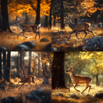 动物鹿在草地上奔跑，有森林，有石头，暧色调，真实，全景构图，长焦镜头，画面统一