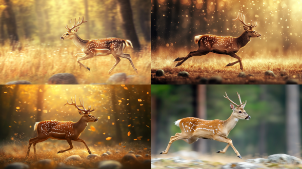 动物鹿在草地上快速奔跑，有森林，有石头，暧色调，真实，全景构图，长焦镜头，画面统一