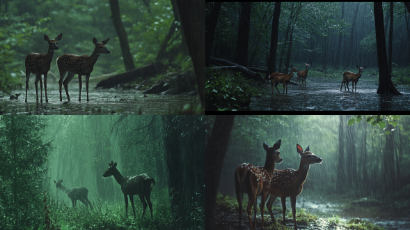 下雨天，野生动物鹿在森林里，在大雨中，真实，绿色，冷色调