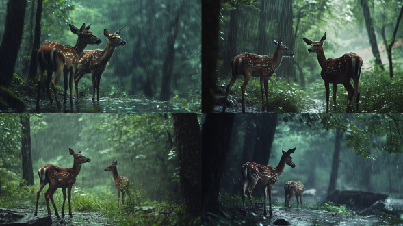 下雨天，野生动物鹿在森林里，在大雨中，真实，绿色，冷色调