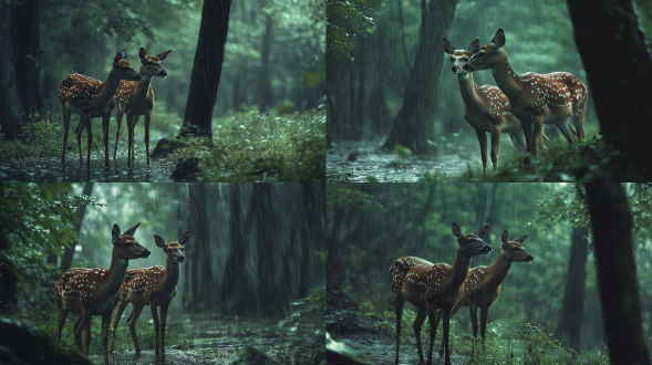 下雨天，野生动物鹿在森林里，在大雨中，真实，绿色，冷色调