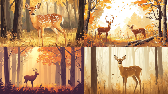 野生动物鹿在森林里，真实，暧色调，全景构图